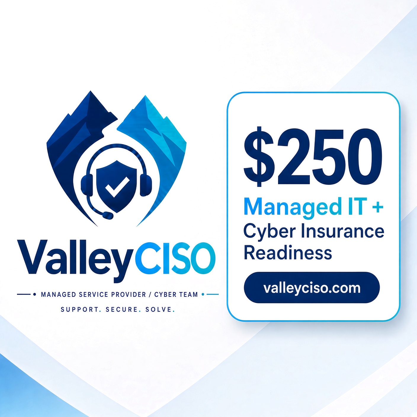 Valley CISO Managed Service Provider logo beside a $250 Managed IT plus Cyber Insurance Readiness card